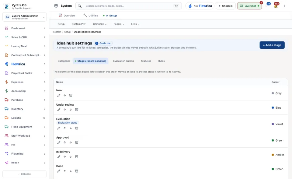 Idea hub settings, Stages (board columns)