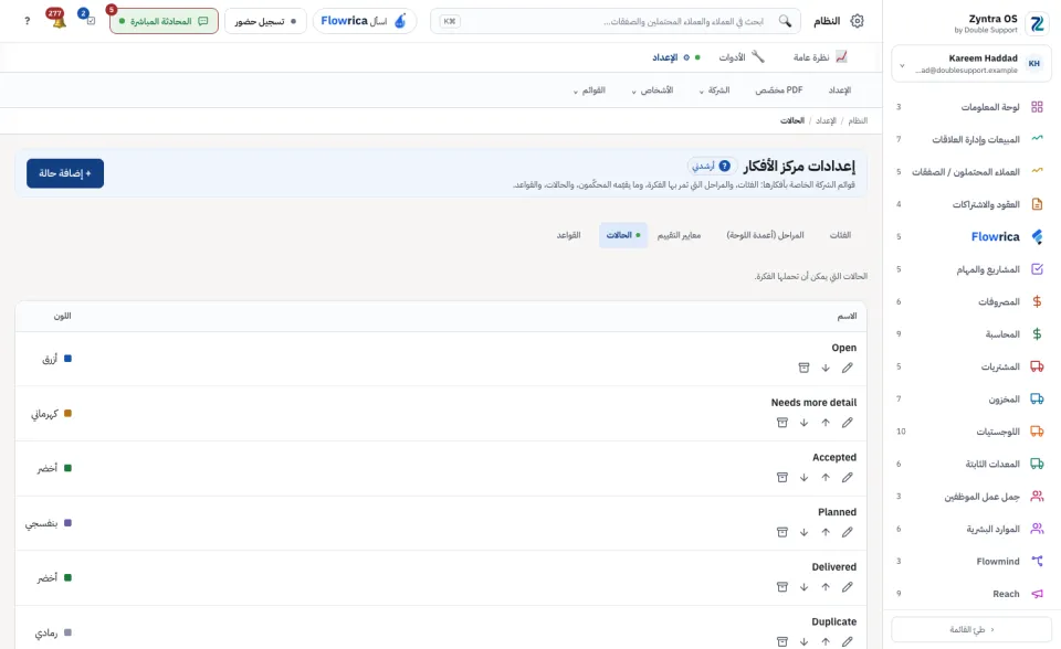 إعدادات مركز الأفكار، الحالات
