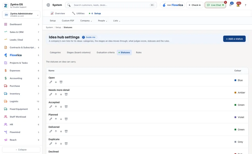 Idea hub settings, Statuses