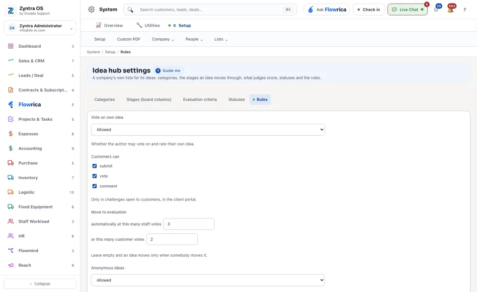 Idea hub settings, Rules