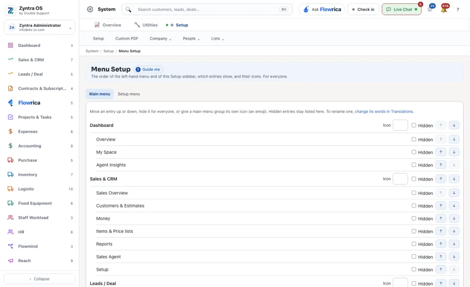 Menu Setup: the main menu