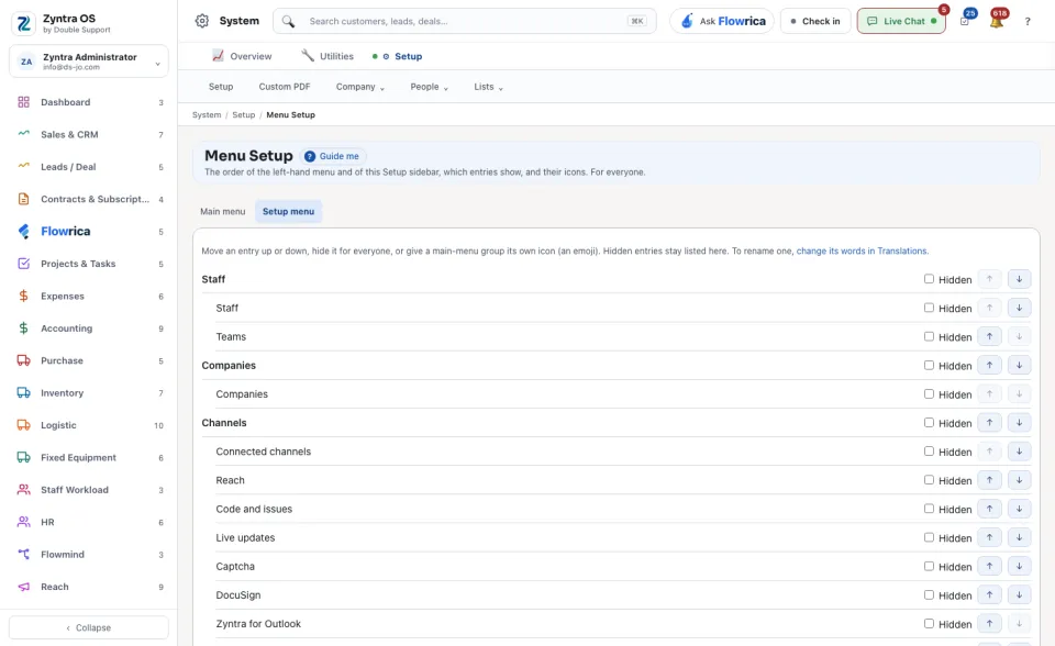 Menu Setup: the Setup menu