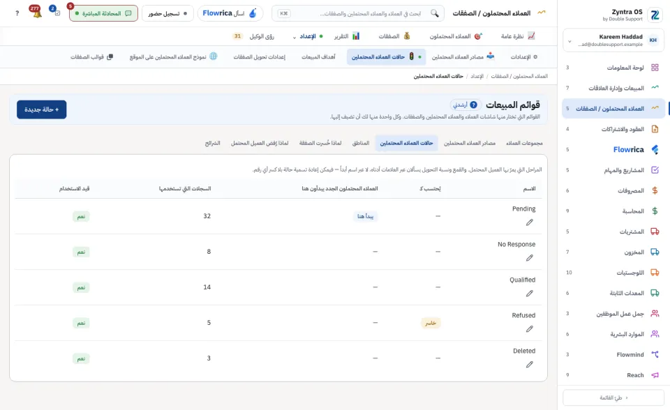 قوائم المبيعات: حالات العملاء المحتملين