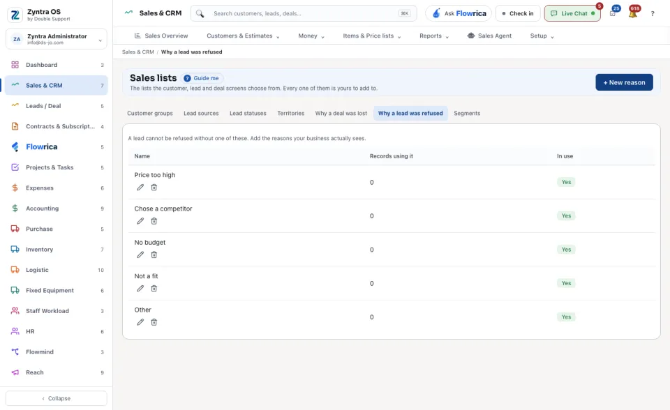 Sales lists: Why a lead was refused