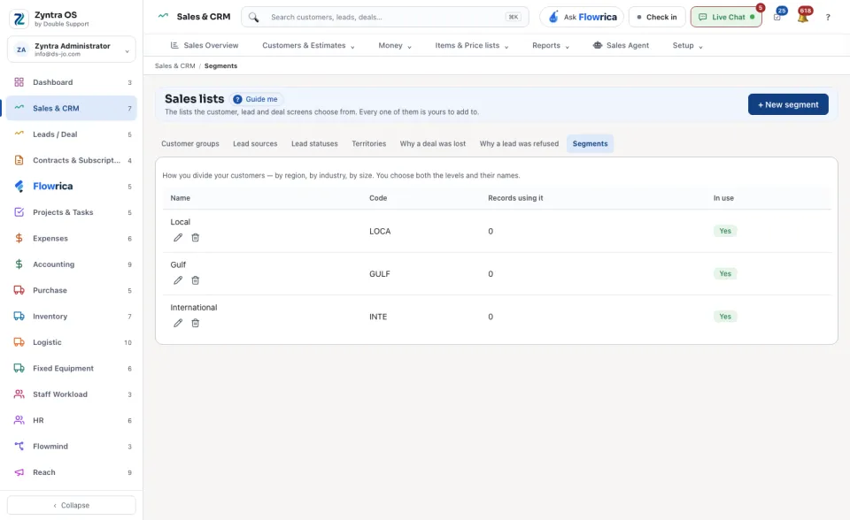 Sales lists: Segments