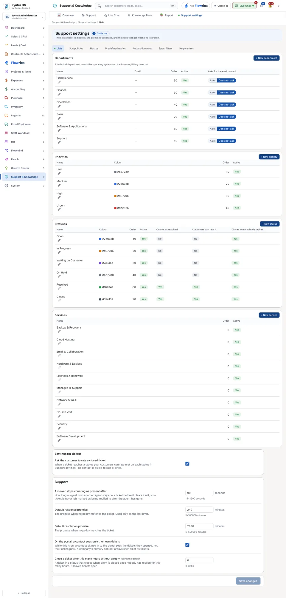 Support settings, Lists: departments, priorities, statuses, services and the settings
