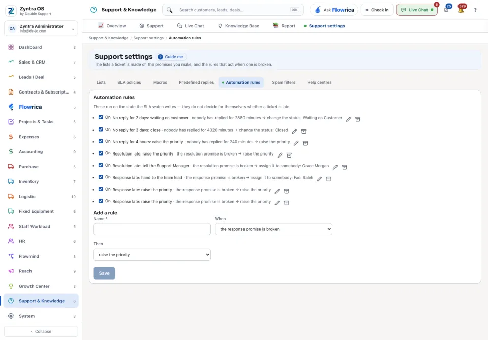 Support settings, Automation rules