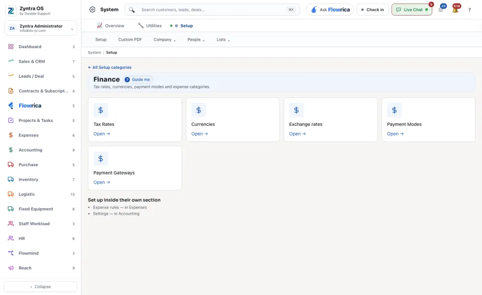 A category opened: the Finance sections