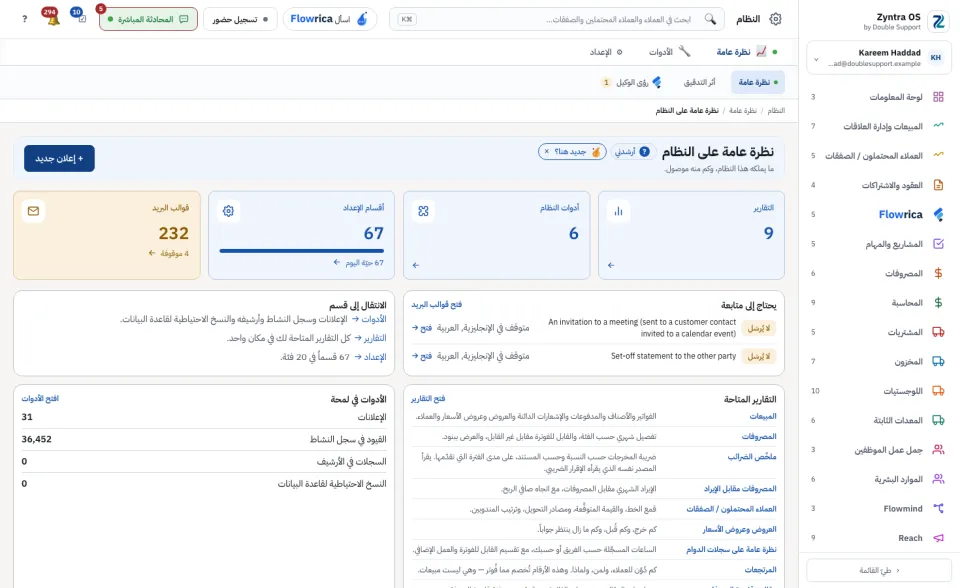 نظرة عامة على النظام: البطاقات الأربع، وما يحتاج انتباهاً، والتقارير المتاحة