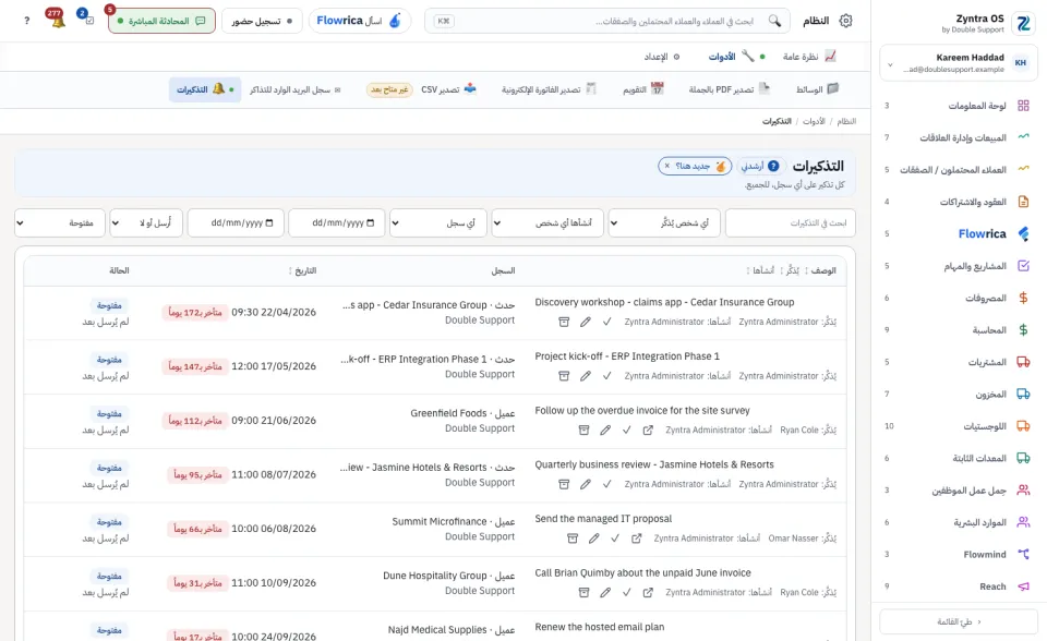 كل التذكيرات: كل تذكير مع سجله وتاريخه ومدة تأخره