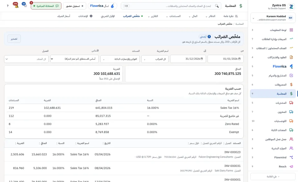 ملخّص الضرائب: الإجماليات ثم حسب الضريبة ثم كل مستند