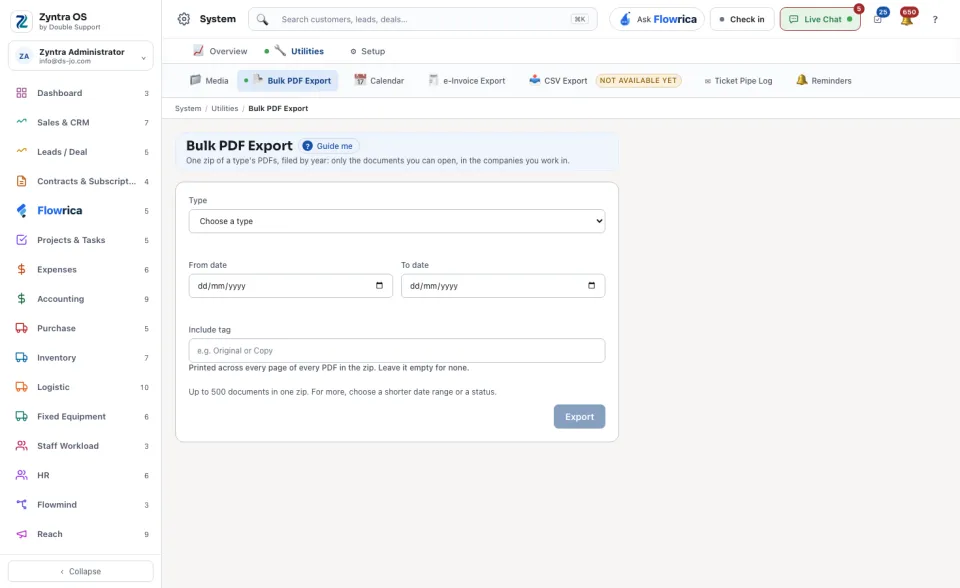 Bulk PDF Export: choose the type and the dates