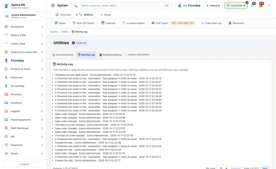 Utilities: the activity log, newest first