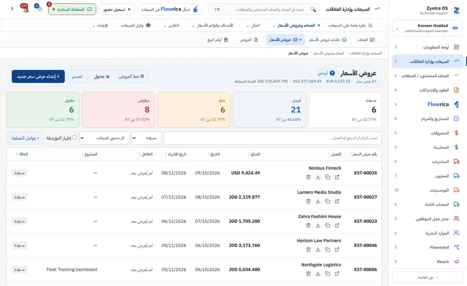 القائمة وهي تعرض عروض الأسعار المسودة فقط