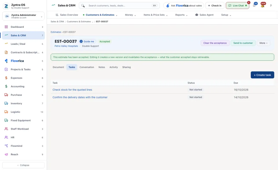 An estimate's page, Tasks tab