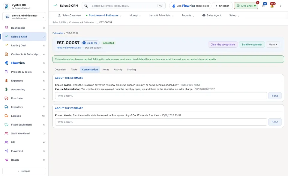 An estimate's page, Conversation tab