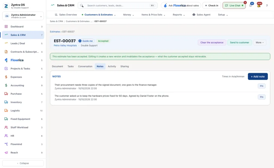 An estimate's page, Notes tab
