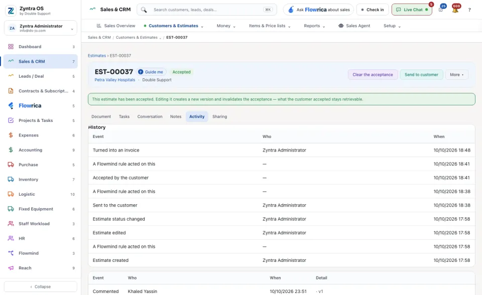 An estimate's page, Activity tab