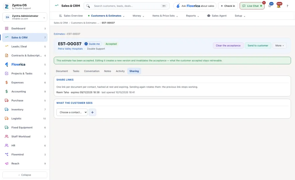 An estimate's page, Sharing tab
