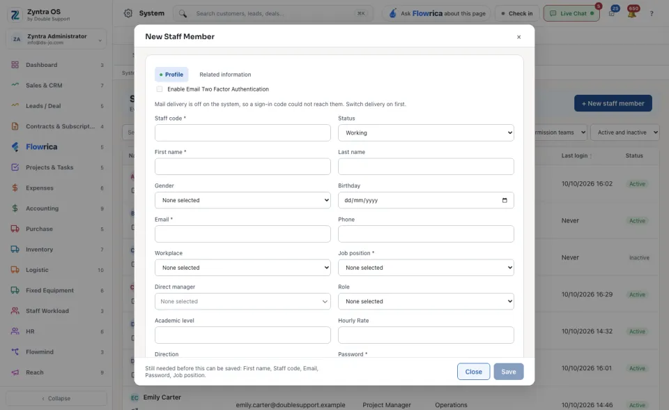 The New Staff Member form, Profile tab
