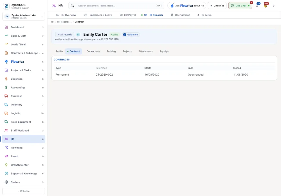 An HR record, Contract tab