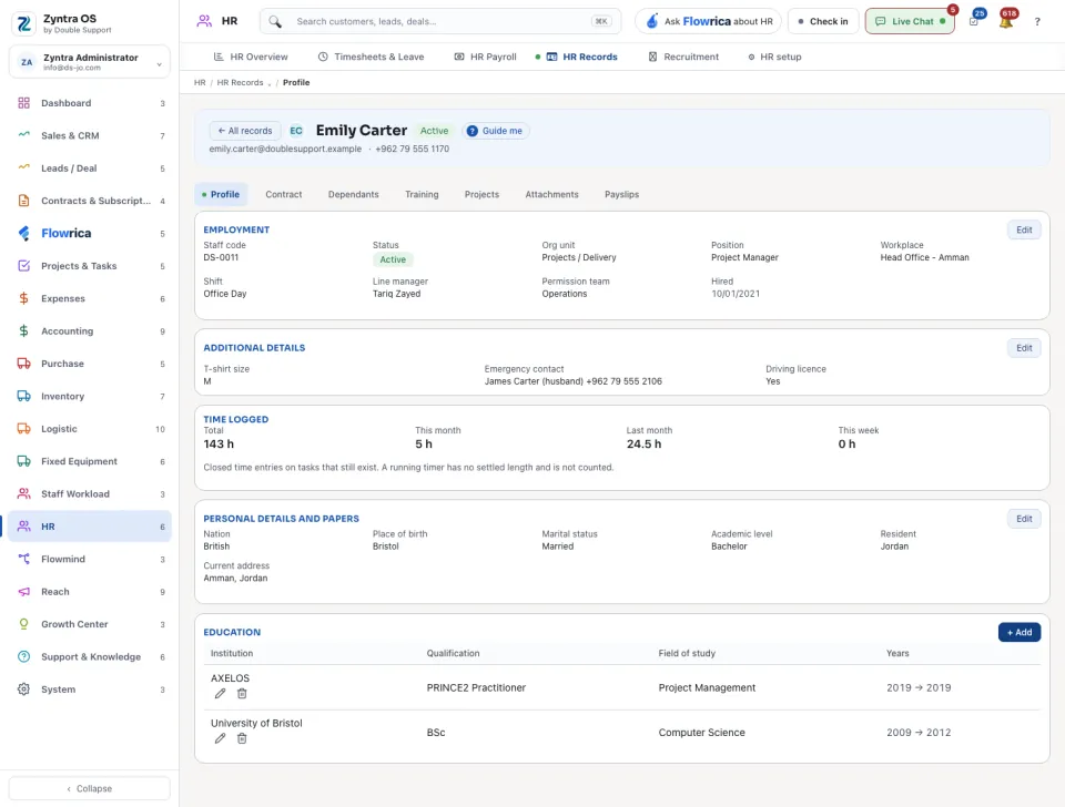An HR record, Profile tab