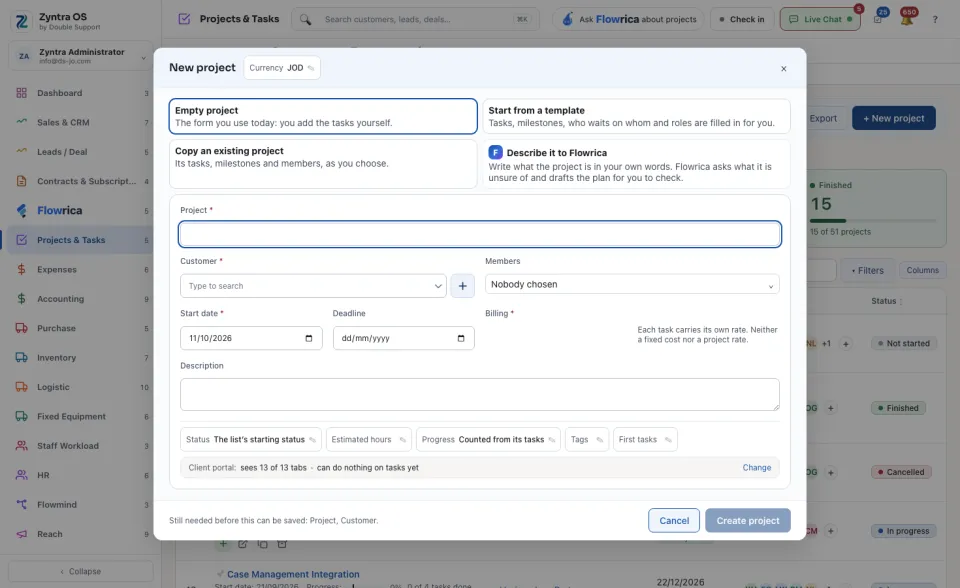 The New project form