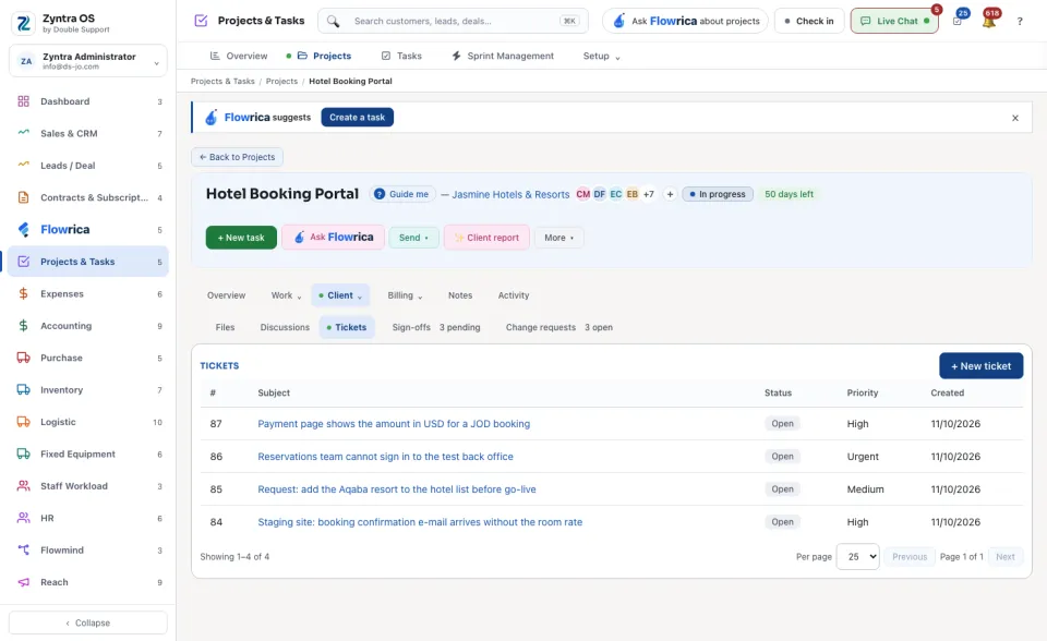 A project's page, Client › Tickets