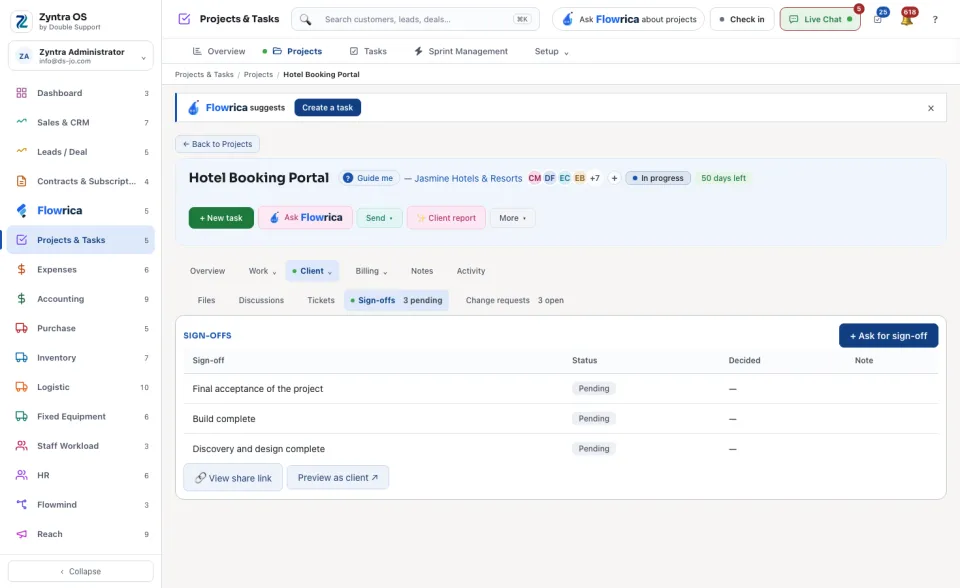 A project's page, Client › Sign-offs
