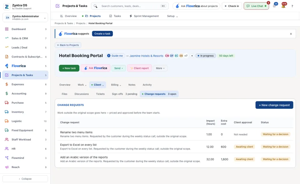 A project's page, Client › Change requests
