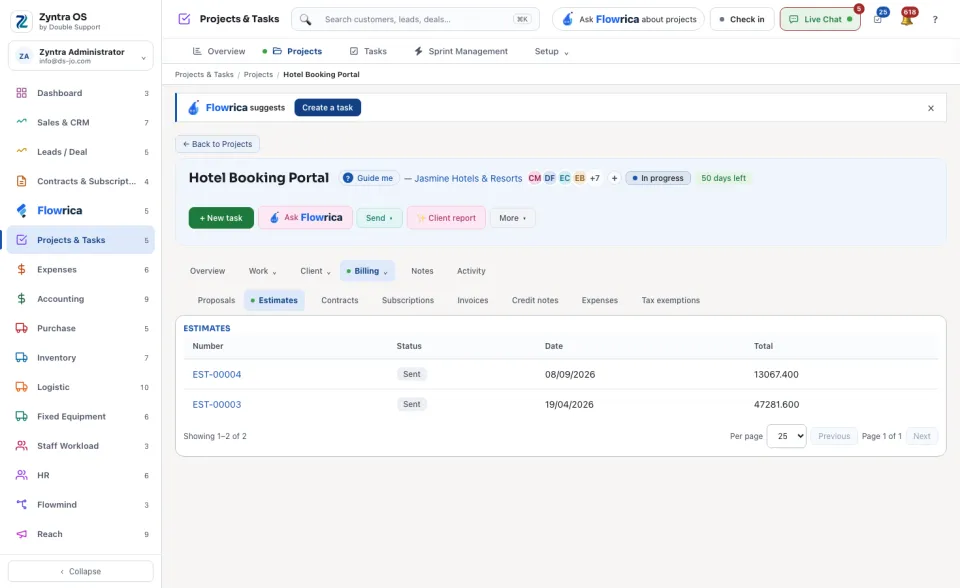 A project's page, Billing › Estimates