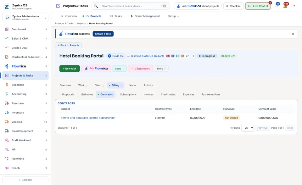 A project's page, Billing › Contracts