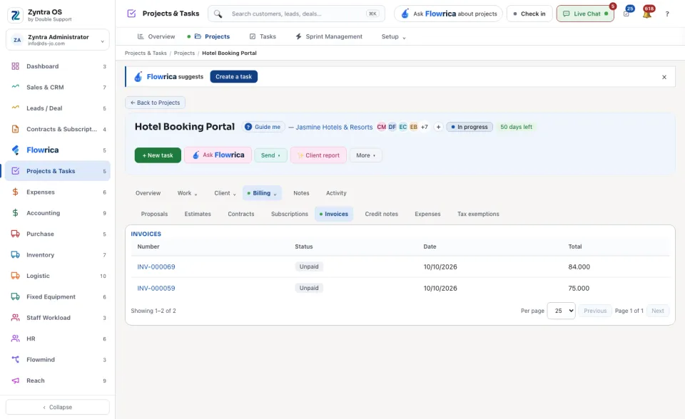 A project's page, Billing › Invoices