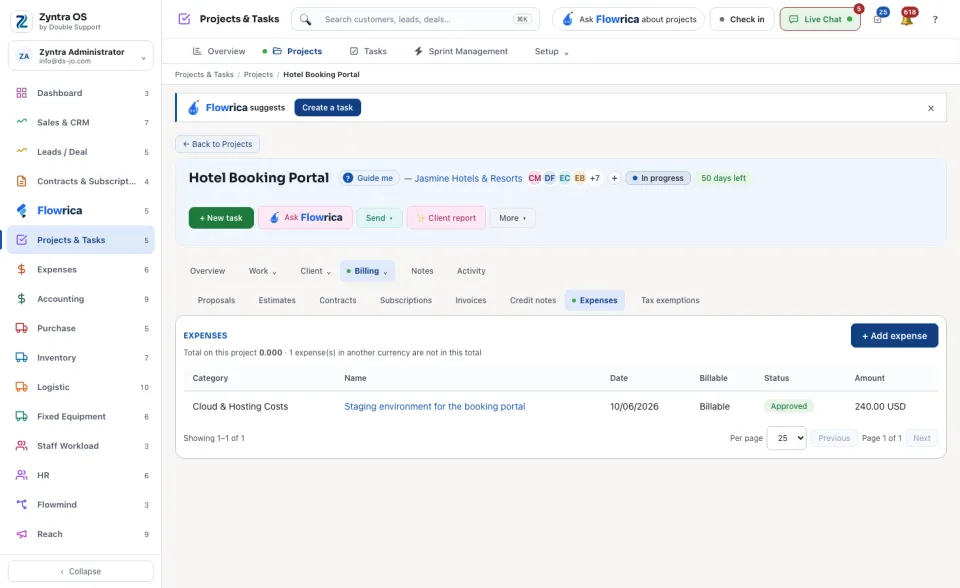 A project's page, Billing › Expenses