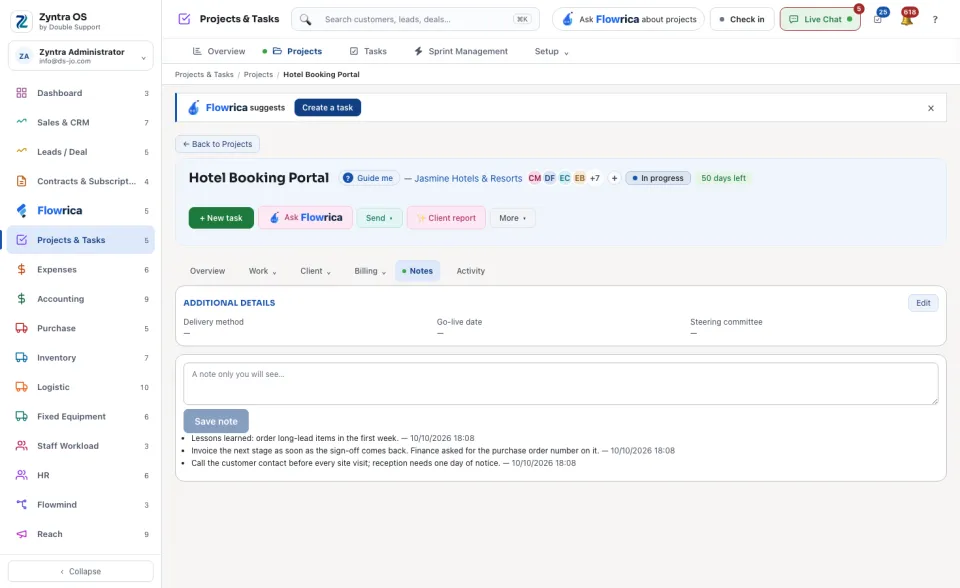 A project's page, Notes