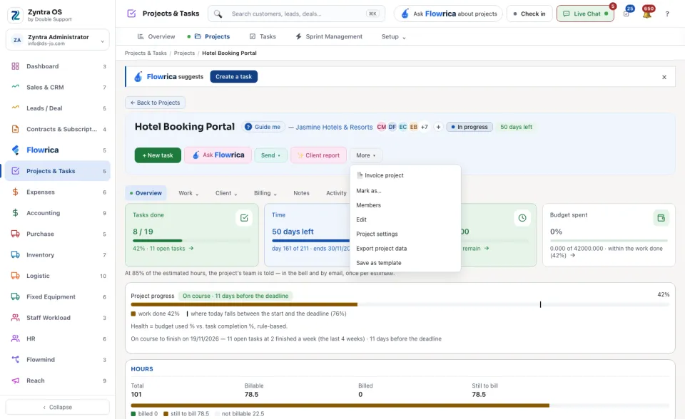 A project's page with the More menu open