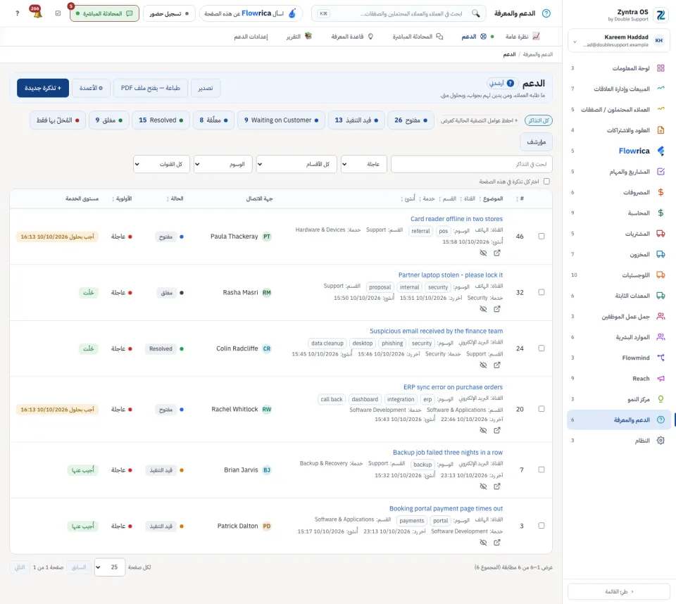 القائمة وهي تعرض التذاكر العاجلة فقط