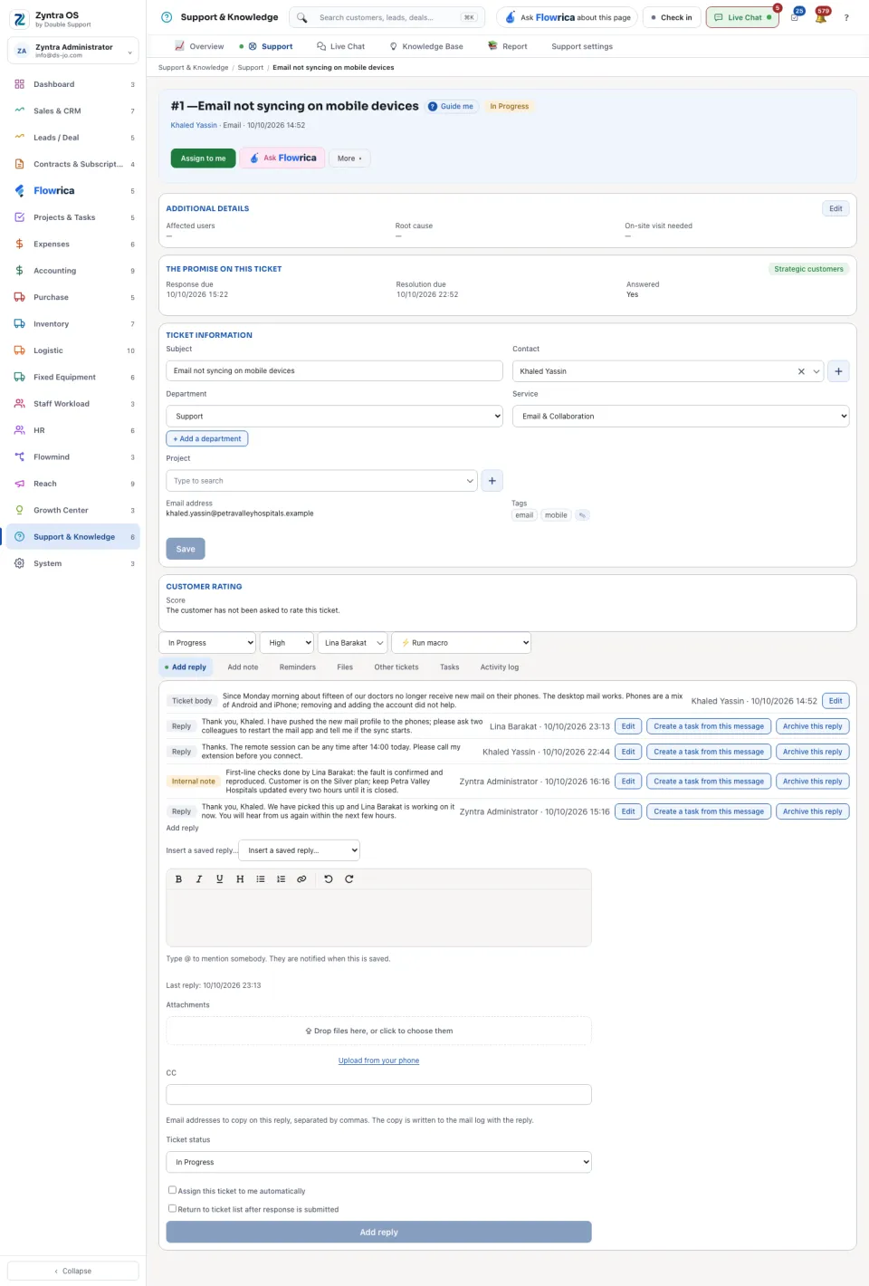 A ticket's page: the promise, the ticket information and the Add reply tab