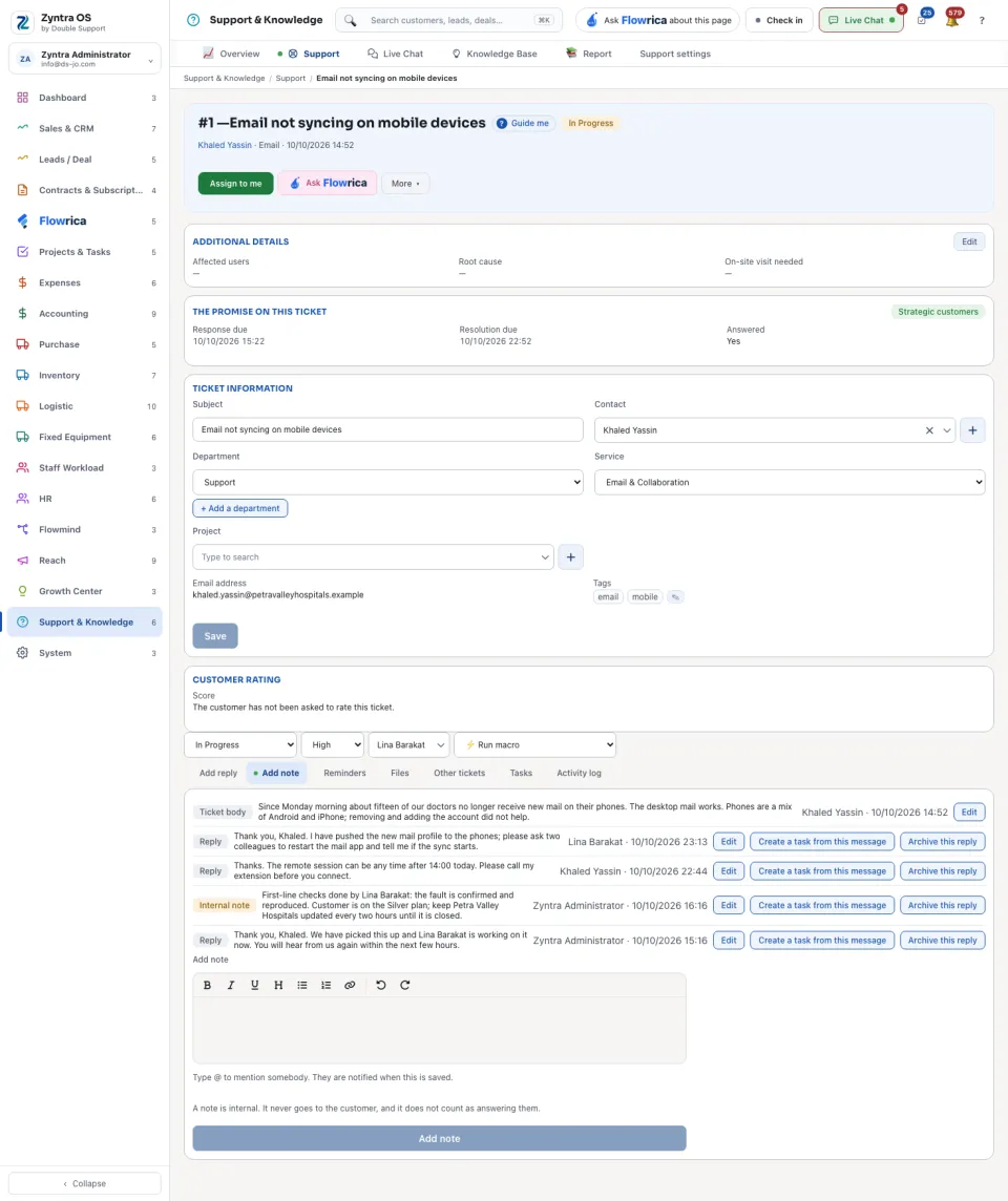 A ticket's page, Add note tab