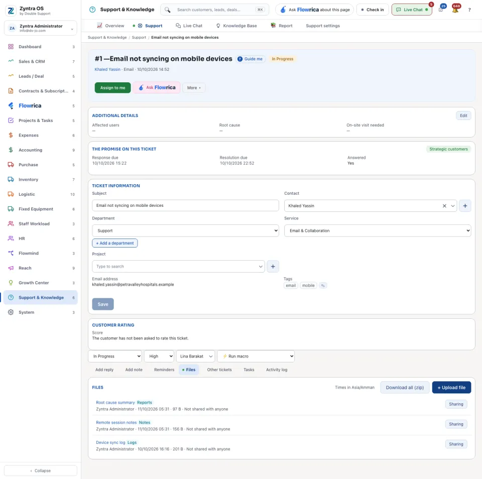 A ticket's page, Files tab