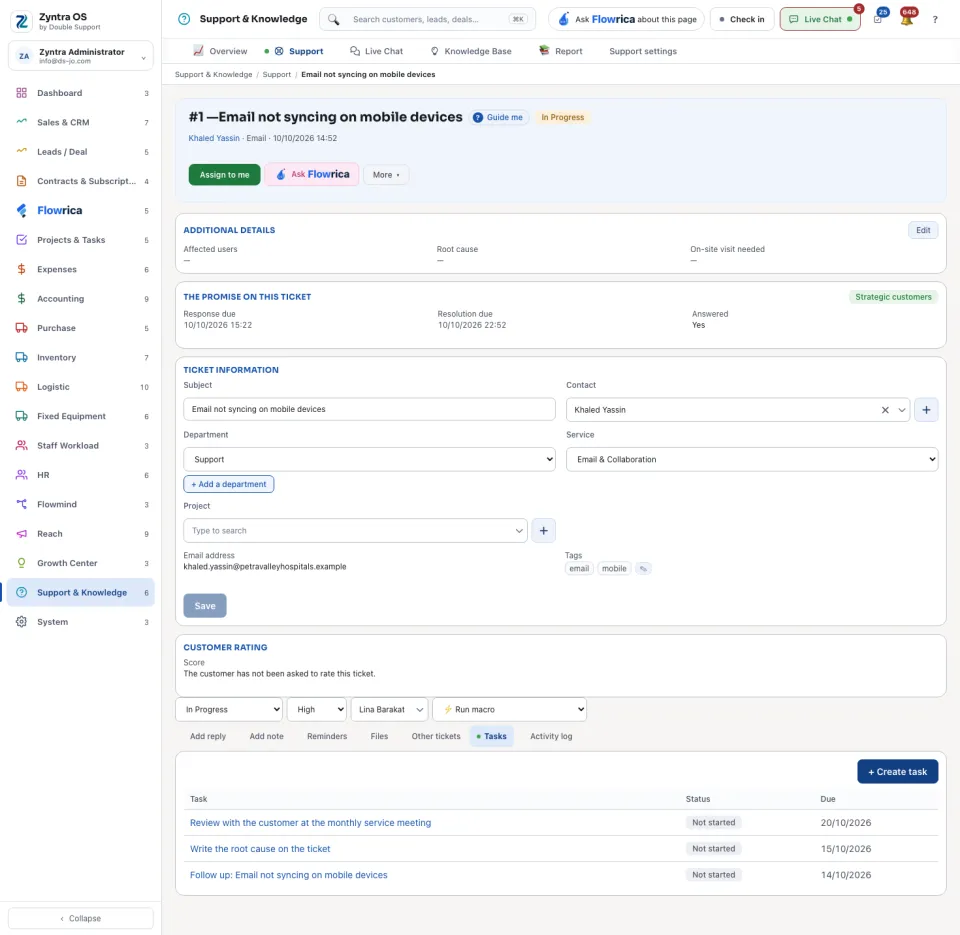 A ticket's page, Tasks tab