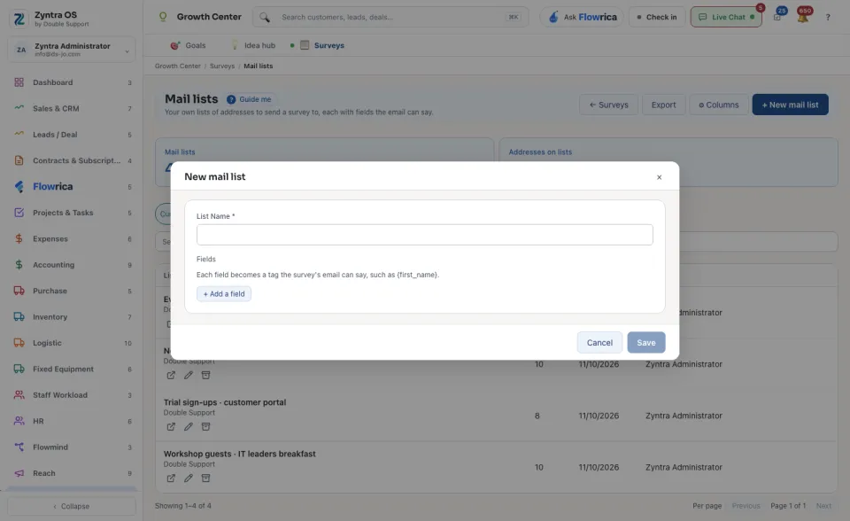 The New mail list form