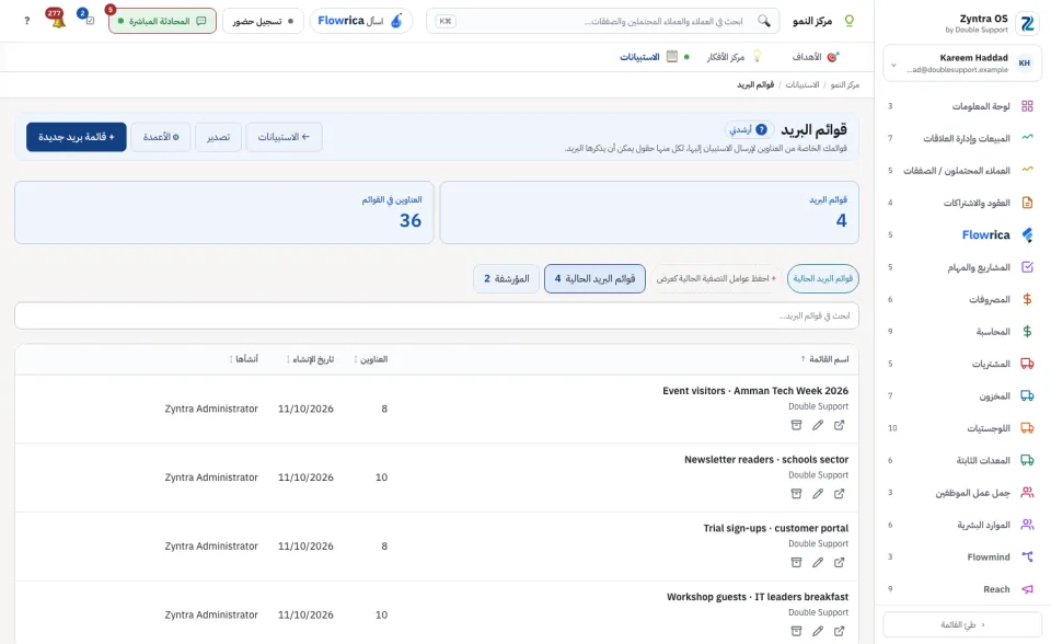 شاشة قوائم البريد
