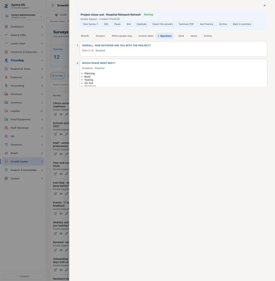 A survey opened, Questions tab