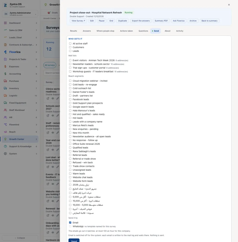 A survey opened, Send tab
