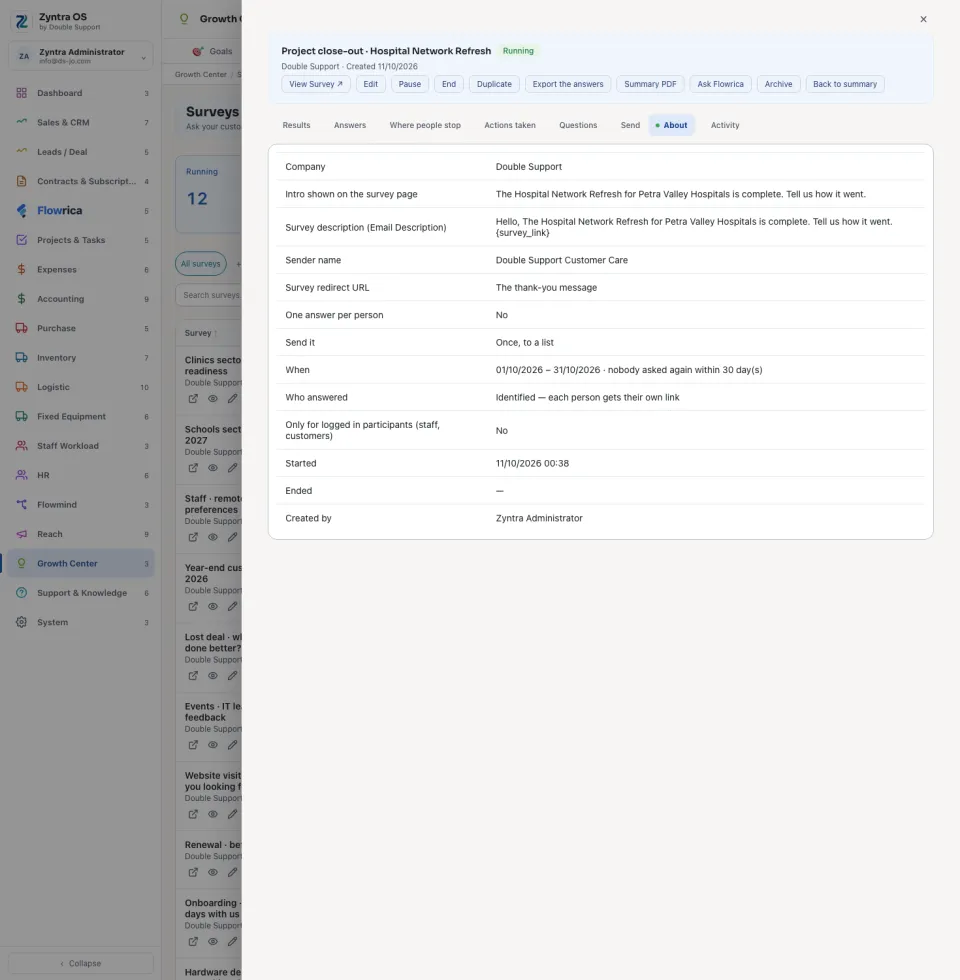 A survey opened, About tab