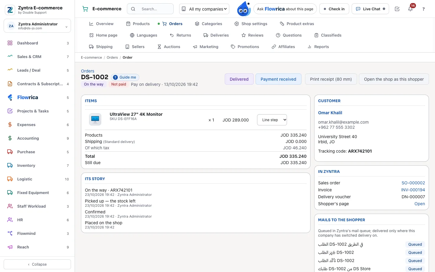 Zyntra E-commerce, an order on the way: its items, total and tax, its story, the customer, and its sales order, invoice and delivery voucher in Zyntra