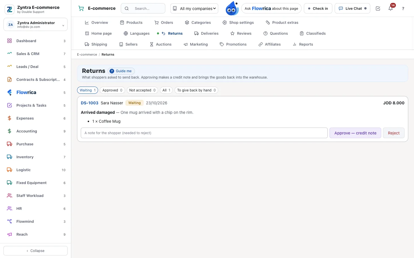 Zyntra E-commerce, a return waiting: the reason, the item and the approve or reject choice