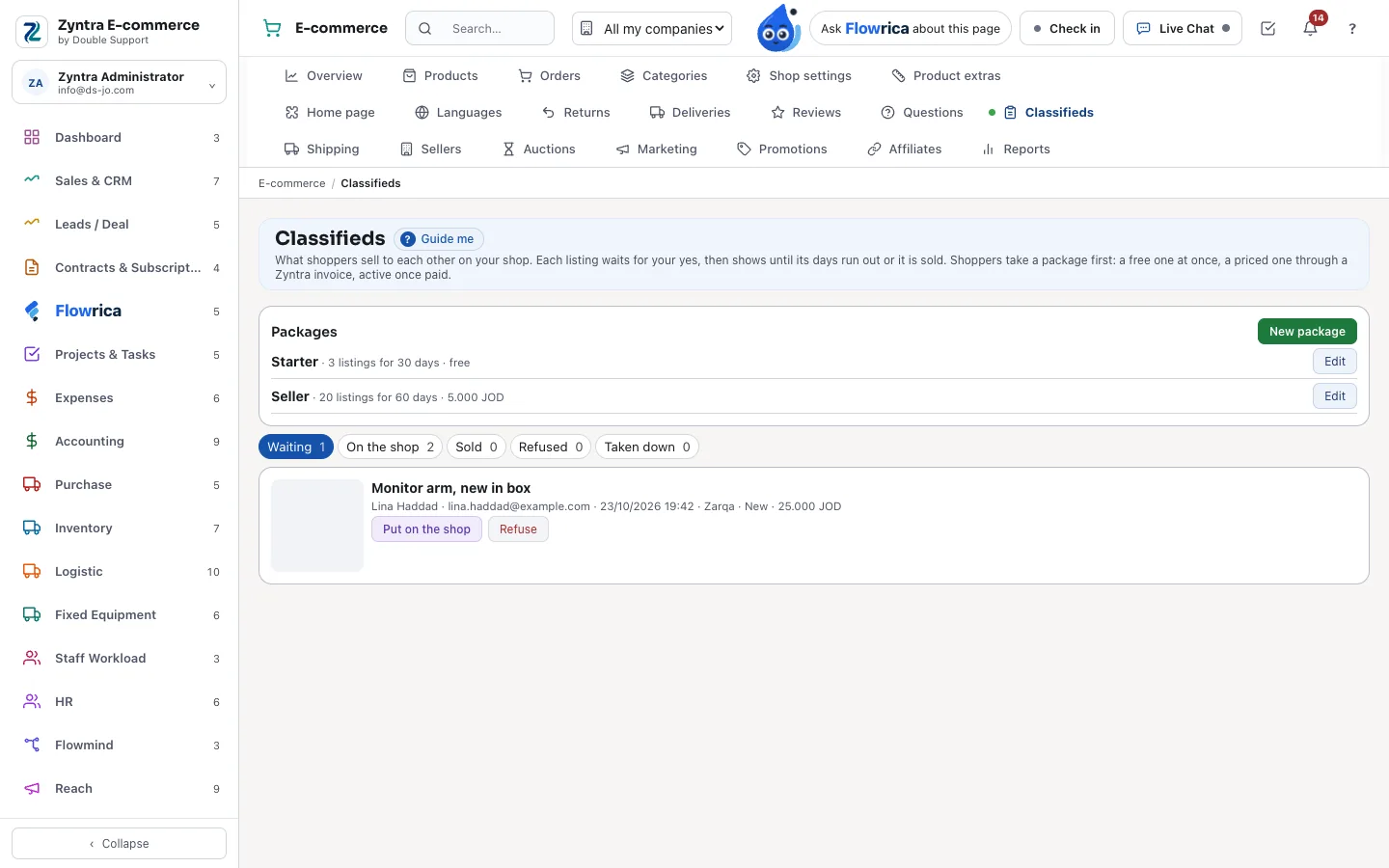 Zyntra E-commerce, classifieds: the packages, and a listing waiting to be put on the shop or refused