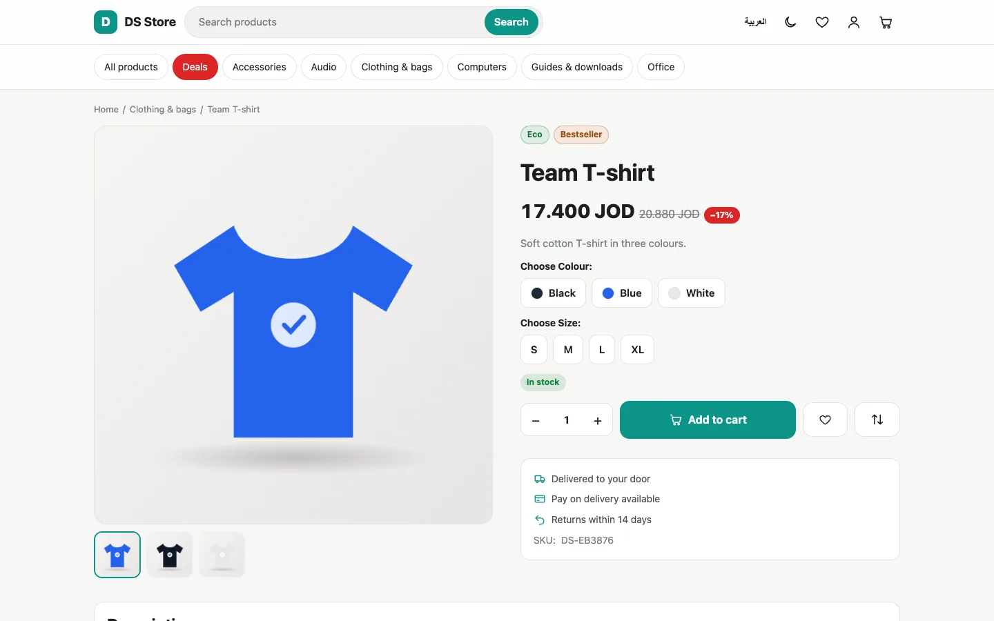 Zyntra E-commerce, a product on the shop's own website: its price and deal, colours and sizes, stock and delivery